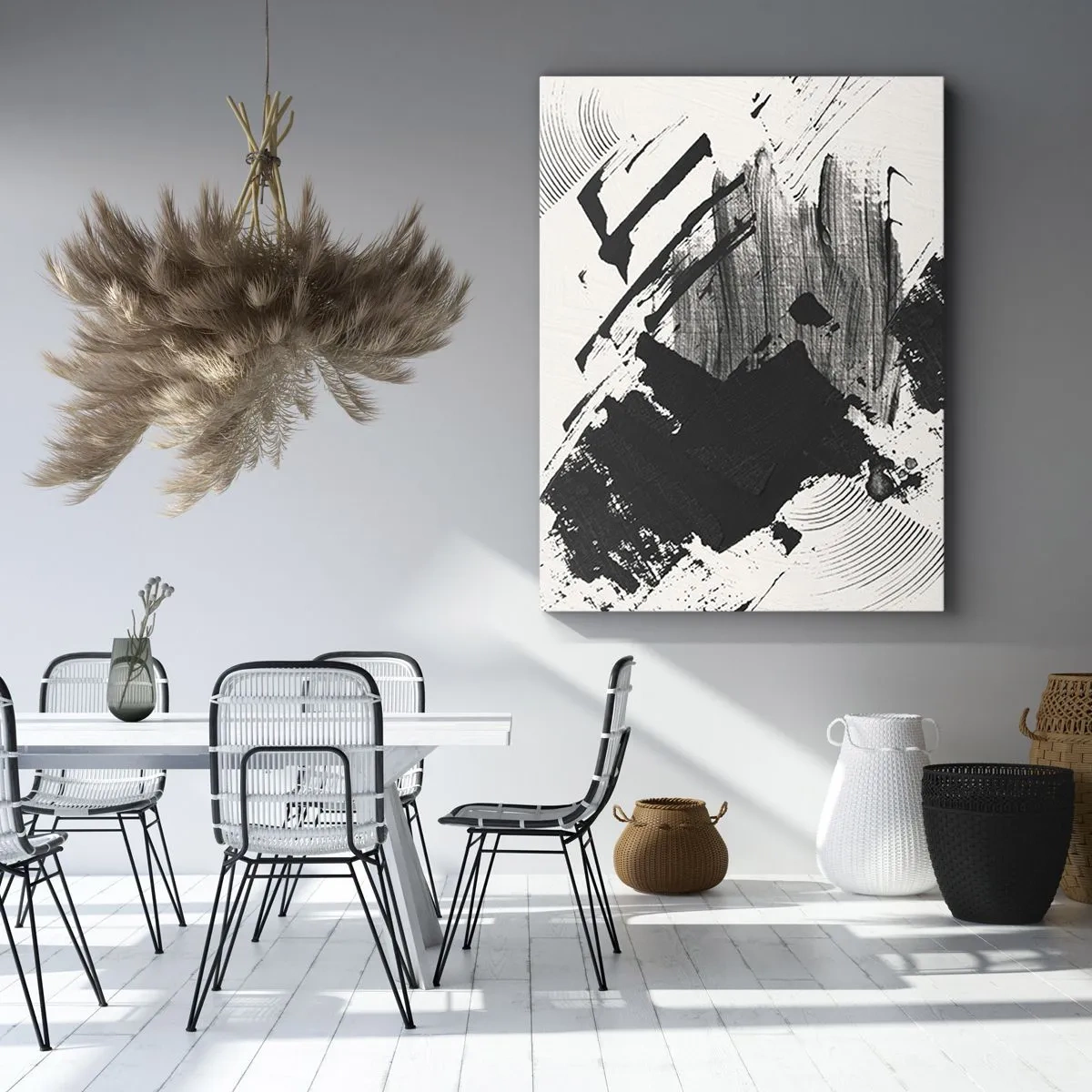 Cuadro sobre lienzo - Impresión de Imagen - Trazos abstractos de color negro sobre un fondo blanco - 50x70cm - Abstracción: la expresión del negro - Decoración de pared moderna para salón y dormitorio ARTTOR