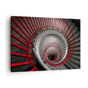 Cuadro sobre lienzo - Impresión de Imagen - Escalera de caracol con pasamanos rojos en perspectiva dinámica. - 70x50cm - Juegos arquitectónicos - Decoración de pared moderna para salón y dormitorio ARTTOR