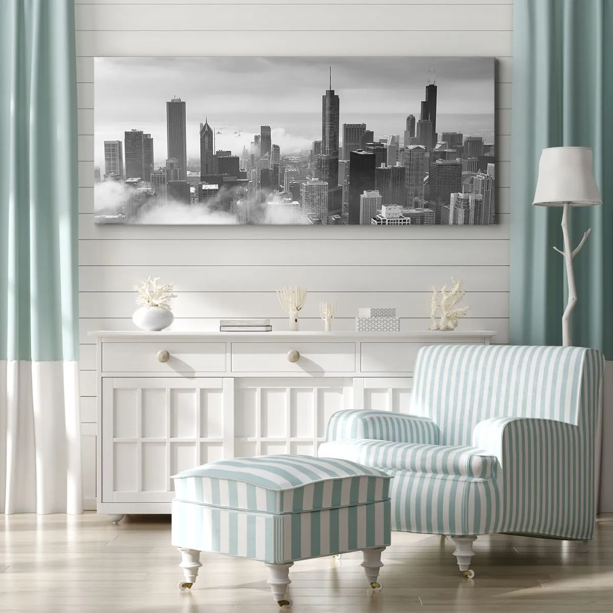 Cuadro sobre lienzo - Impresión de Imagen - Panorama de la ciudad con rascacielos en las nubes en blanco y negro - 120x50cm - Paisaje americano - Decoración de pared moderna para salón y dormitorio ARTTOR