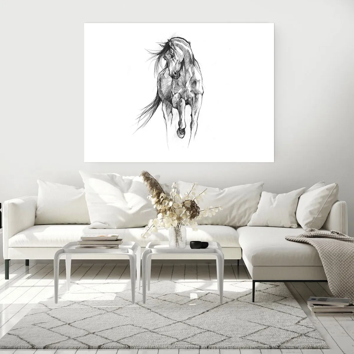 Póster - Boceto en blanco y negro de un caballo al galope - 100x70cm - En un elegante trote - Decoración de pared moderna para salón y dormitorio ARTTOR