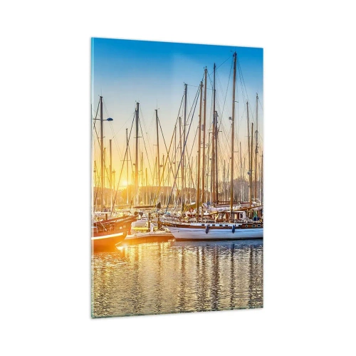 Cuadro sobre vidrio - Impresiones sobre Vidrio - Puesta de sol sobre un puerto deportivo lleno de veleros - 80x120cm - El viento debe dormir también - Decoración de pared moderna para salón y dormitorio ARTTOR
