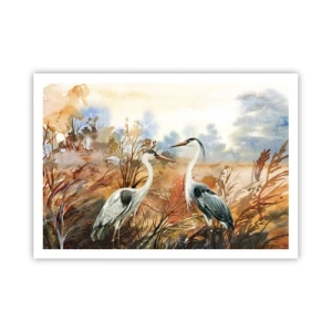 Póster - Dos garzas sobre el fondo de un paisaje otoñal. - 100x70cm - ¿A dónde nos dirigimos en otoño? - Decoración de pared moderna para salón y dormitorio ARTTOR