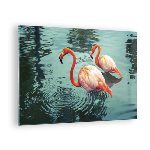 Cuadro sobre vidrio - Impresiones sobre Vidrio - Flamencos en el agua en una composición armoniosa. - 70x50cm - Estamos de moda - Decoración de pared moderna para salón y dormitorio ARTTOR