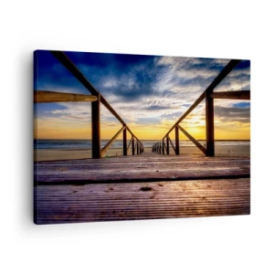 Cuadro sobre lienzo - Impresión de Imagen - Muelle de madera que conduce a la playa al atardecer - 70x50cm - Directamente hacia una playa tranquila al atardecer - Decoración de pared moderna para salón y dormitorio ARTTOR