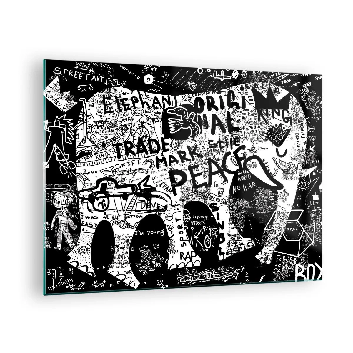 Cuadro sobre vidrio - Impresiones sobre Vidrio - Imagen de grafiti en blanco y negro con temas de paz y libertad. - 70x50cm - El rico mundo de la calle - Decoración de pared moderna para salón y dormitorio ARTTOR