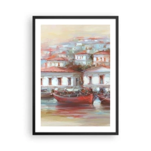 Póster en marco negro - Un pueblo colorido con barcos en la orilla. - 50x70cm - Ciudad feliz - Decoración de pared moderna para salón y dormitorio ARTTOR