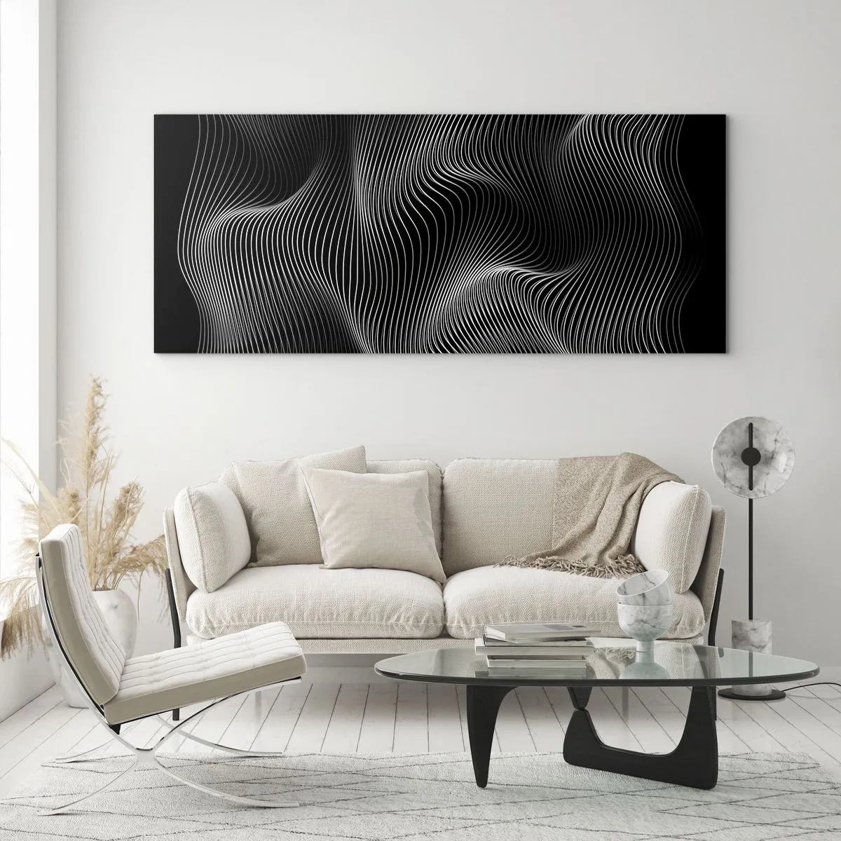 Cuadro sobre vidrio - Impresiones sobre Vidrio - Líneas blancas abstractas sobre un fondo negro - 140x50cm - La danza de la luz en el espacio - Decoración de pared moderna para salón y dormitorio ARTTOR