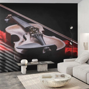 Fotomural Premium Sand - Violín antiguo sobre tela roja con fondo oscuro. - 100x70cm - Música de sentimientos - Decoración de pared moderna para salón y dormitorio ARTTOR