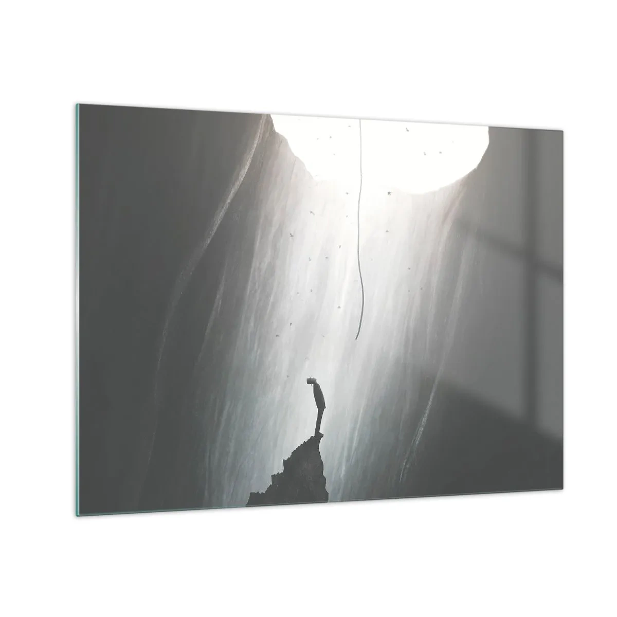 Cuadro sobre vidrio - Impresiones sobre Vidrio - Un hombre de pie en la oscuridad al pie de una salida luminosa sobre un abismo. - 70x50cm - Siempre hay una salida - Decoración de pared moderna para salón y dormitorio ARTTOR
