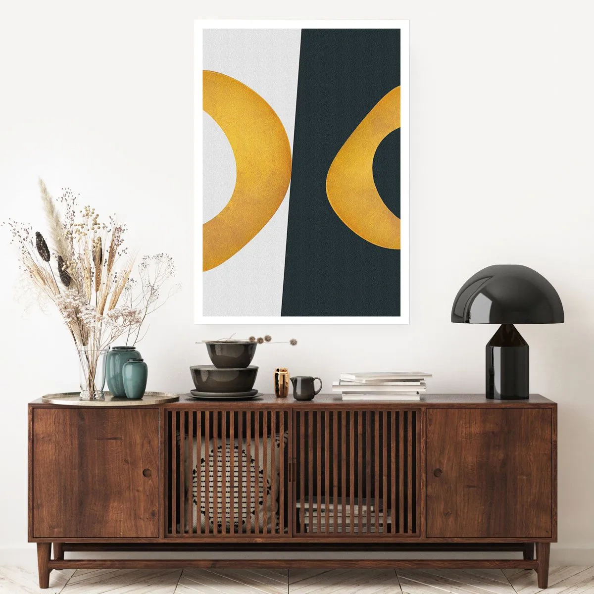 Póster - Una composición abstracta con formas dominantes de oro y verde oscuro. - 50x70cm - Blanco, negro, dorado - Decoración de pared moderna para salón y dormitorio ARTTOR