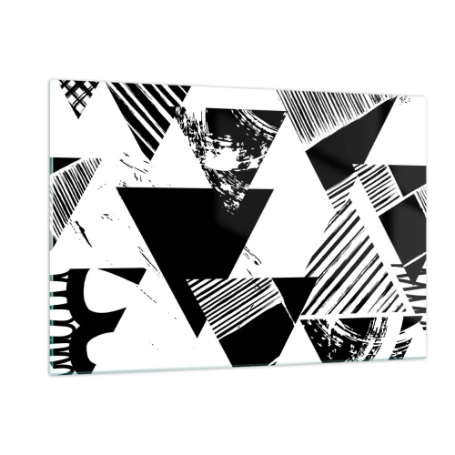 Cuadro sobre vidrio - Impresiones sobre Vidrio - Patrones geométricos en blanco y negro con motivos triangulares. - 120x80cm - Una lluvia de triángulos - Decoración de pared moderna para salón y dormitorio ARTTOR