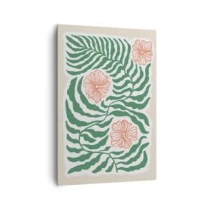 Cuadro sobre lienzo - Impresión de Imagen - Un motivo minimalista de hojas verdes con flores en tonos naranjas. - 70x100cm - Florecido en verde - Decoración de pared moderna para salón y dormitorio ARTTOR