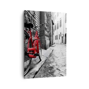 Cuadro sobre lienzo - Impresión de Imagen - Bicicleta roja en una calle en blanco y negro - 70x100cm - La verdadera belleza no envejece - Decoración de pared moderna para salón y dormitorio ARTTOR