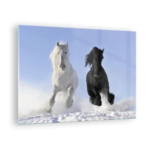 Cuadro sobre vidrio - Impresiones sobre Vidrio - Un caballo blanco y negro corriendo por la nieve en un paisaje invernal. - 70x50cm - Galope blanco y negro - Decoración de pared moderna para salón y dormitorio ARTTOR
