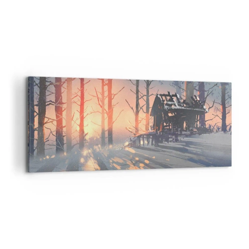Cuadro sobre lienzo - Impresión de Imagen - Una cabaña forestal en un paisaje invernal con los rayos del sol poniente. - 120x50cm - Solo el sol es testigo - Decoración de pared moderna para salón y dormitorio ARTTOR