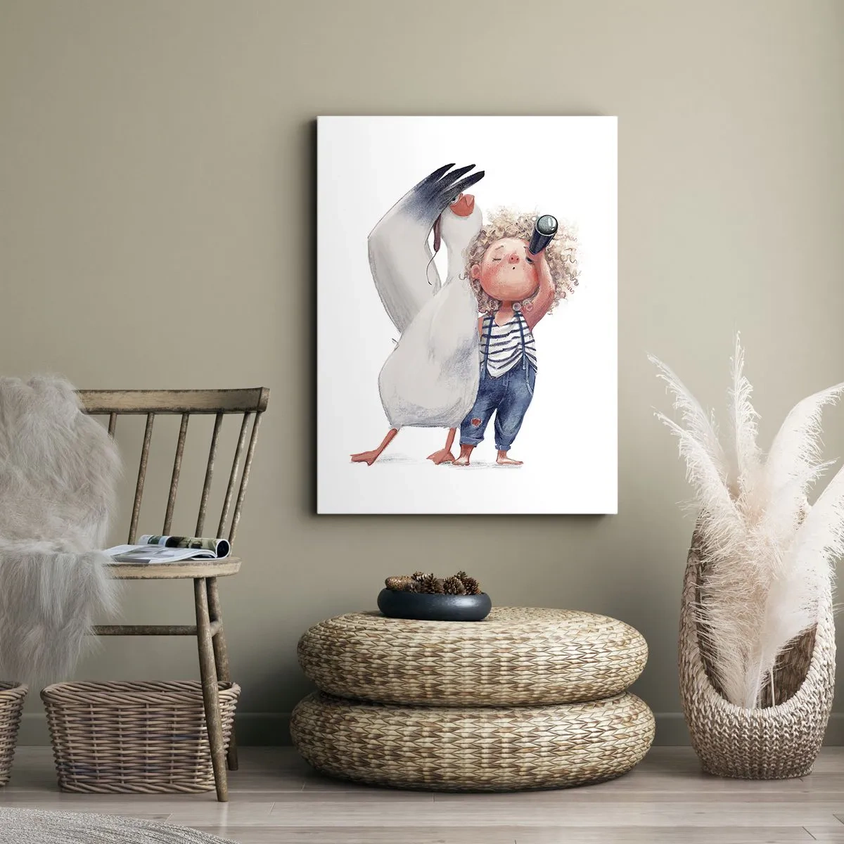 Cuadro sobre lienzo - Impresión de Imagen - Ilustración de un niño con un pelícano y un telescopio en la mano. - 50x70cm - Un plan para un gran viaje - Decoración de pared moderna para salón y dormitorio ARTTOR