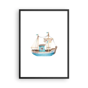 Póster en marco negro - Barco de acuarela en tonos pastel de azul y beige. - 50x70cm - A la aventura - Decoración de pared moderna para salón y dormitorio ARTTOR