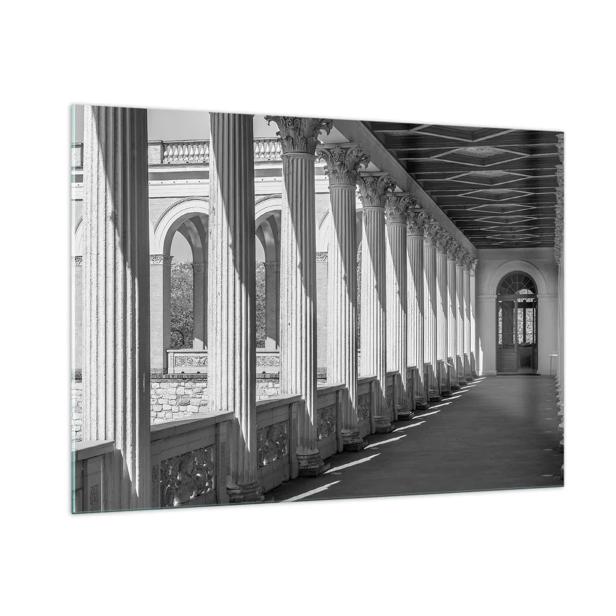 Cuadro sobre vidrio - Impresiones sobre Vidrio - Una columnata en blanco y negro con un juego rítmico de luces y sombras. - 100x70cm - Galería soleada - Decoración de pared moderna para salón y dormitorio ARTTOR