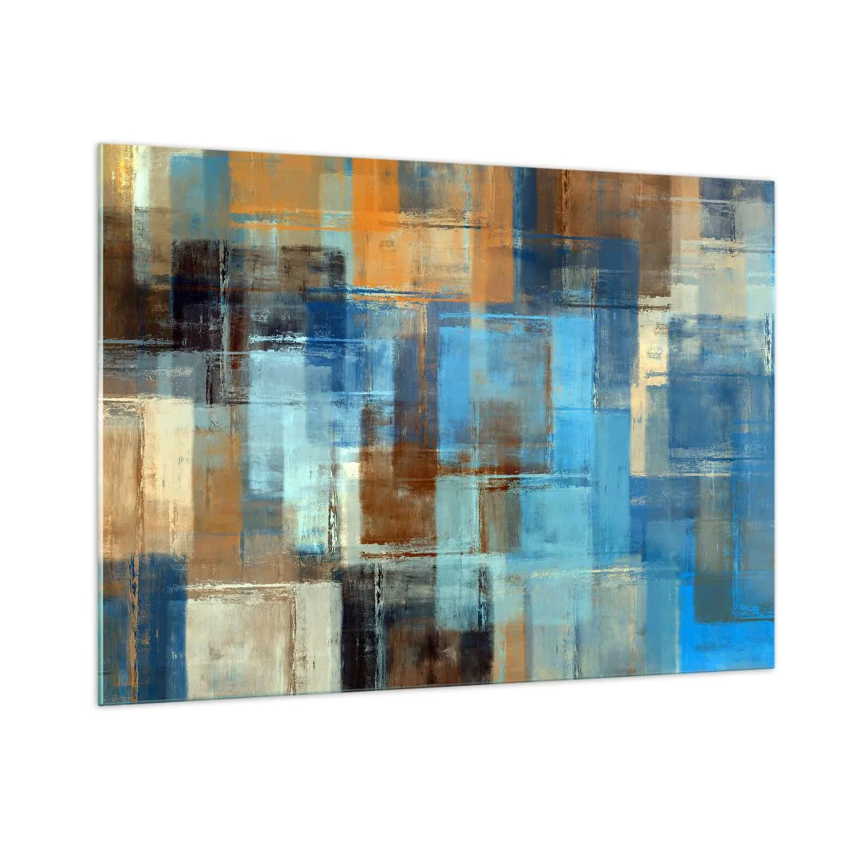 Cuadro sobre vidrio - Impresiones sobre Vidrio - Composición geométrica abstracta en tonos azules y marrones. - 100x70cm - A través del velo azul - Decoración de pared moderna para salón y dormitorio ARTTOR