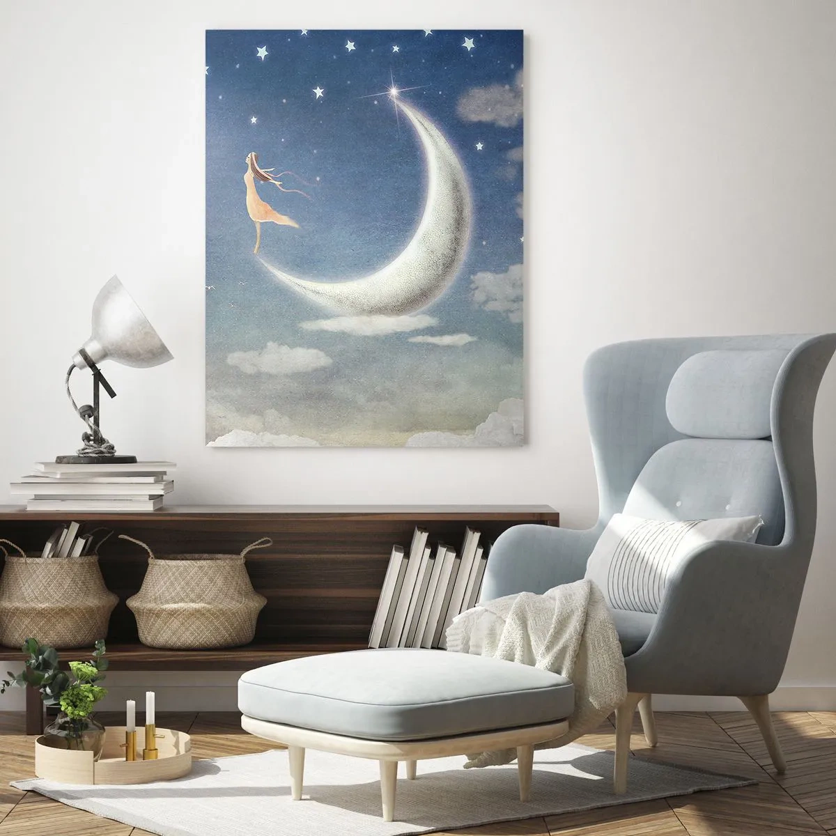 Cuadro sobre vidrio - Impresiones sobre Vidrio - Una mujer en la luna rodeada de estrellas y nubes. - 80x120cm - Pretendiente sobre azul - Decoración de pared moderna para salón y dormitorio ARTTOR
