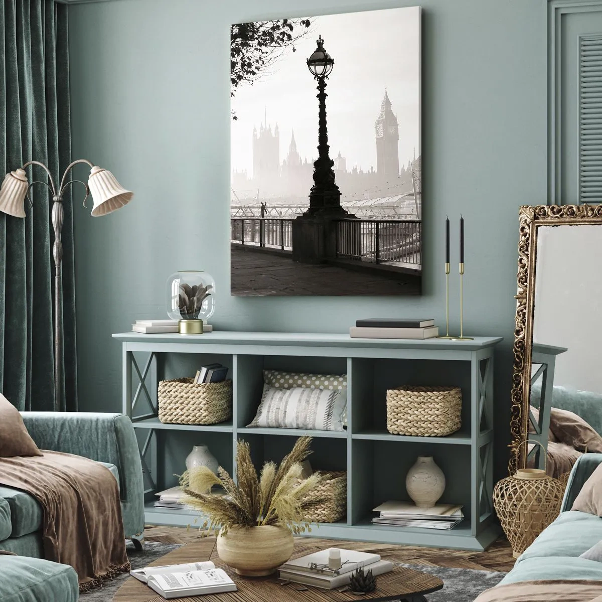 Cuadro sobre lienzo - Impresión de Imagen - Una vista monocromática del Big Ben y el Támesis. - 50x70cm - La mañana de Londres - Decoración de pared moderna para salón y dormitorio ARTTOR