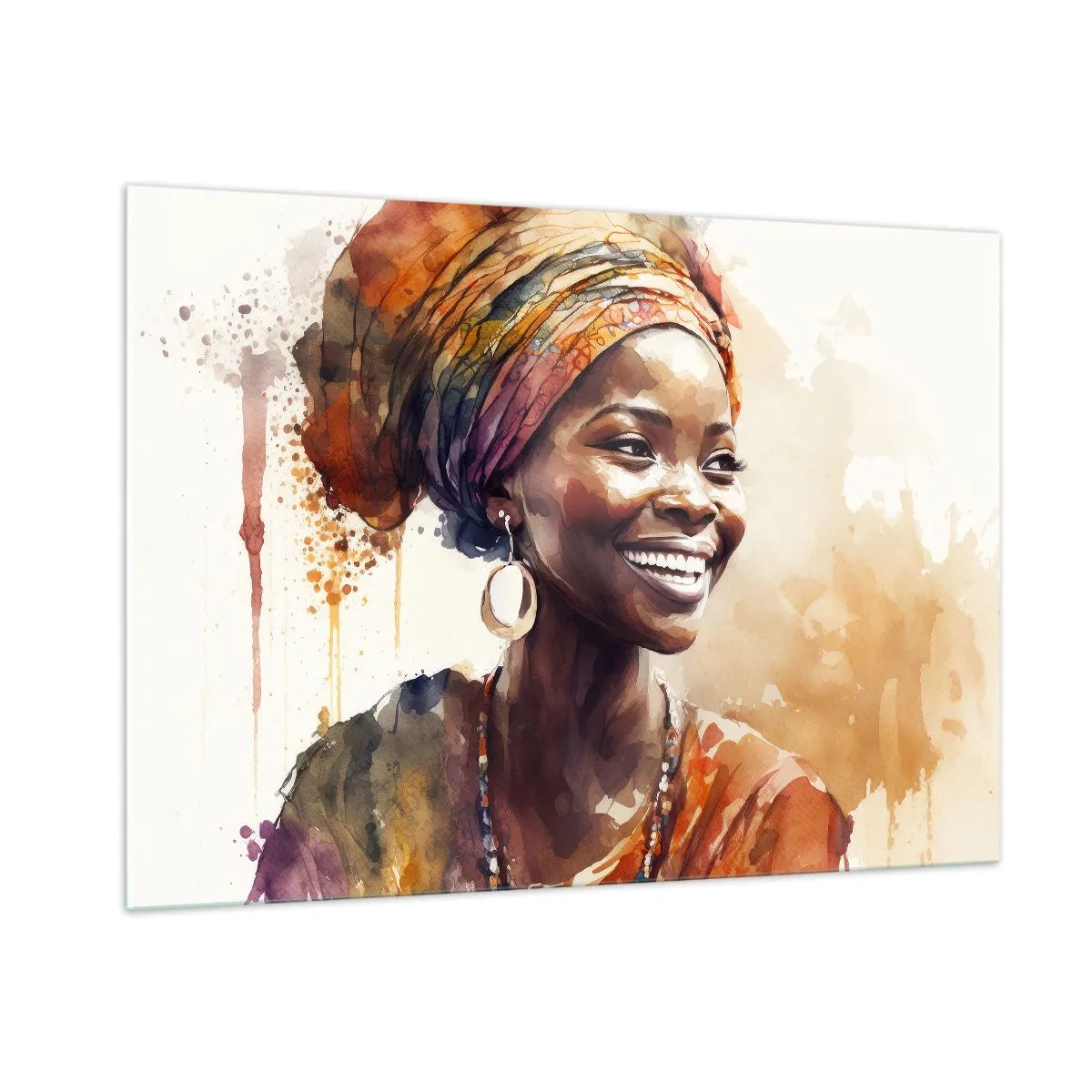 Cuadro sobre vidrio - Impresiones sobre Vidrio - Retrato en acuarela de una mujer sonriente con turbante. - 100x70cm - Reina africana - Decoración de pared moderna para salón y dormitorio ARTTOR