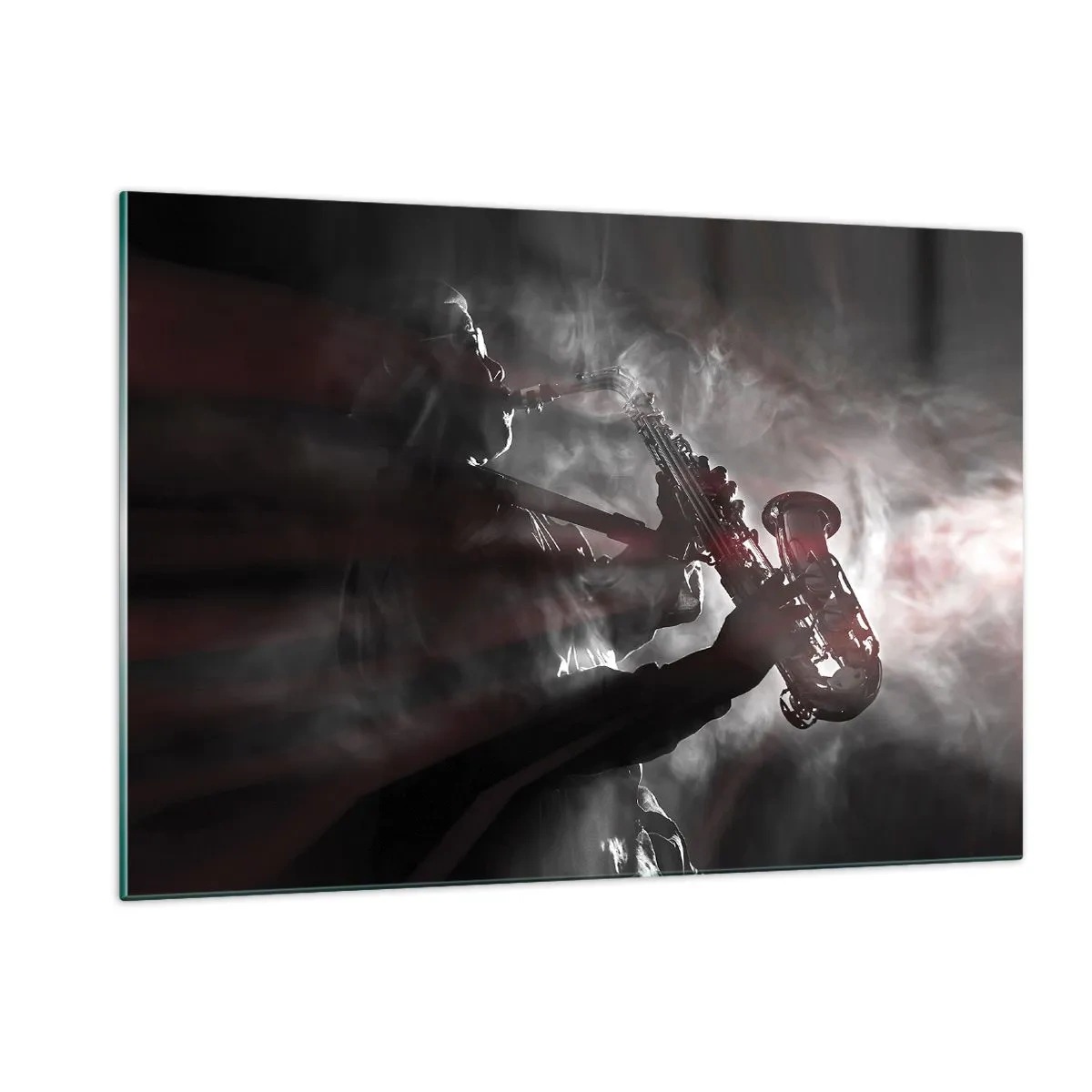 Cuadro sobre vidrio - Impresiones sobre Vidrio - Saxofonista en una nube de humo en blanco y negro - 120x80cm - En el vapor del jazz - Decoración de pared moderna para salón y dormitorio ARTTOR