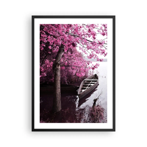 Póster en marco negro - Un barco en la orilla de un lago bajo un árbol con hojas en flor. - 50x70cm - En el silencio rosa - Decoración de pared moderna para salón y dormitorio ARTTOR