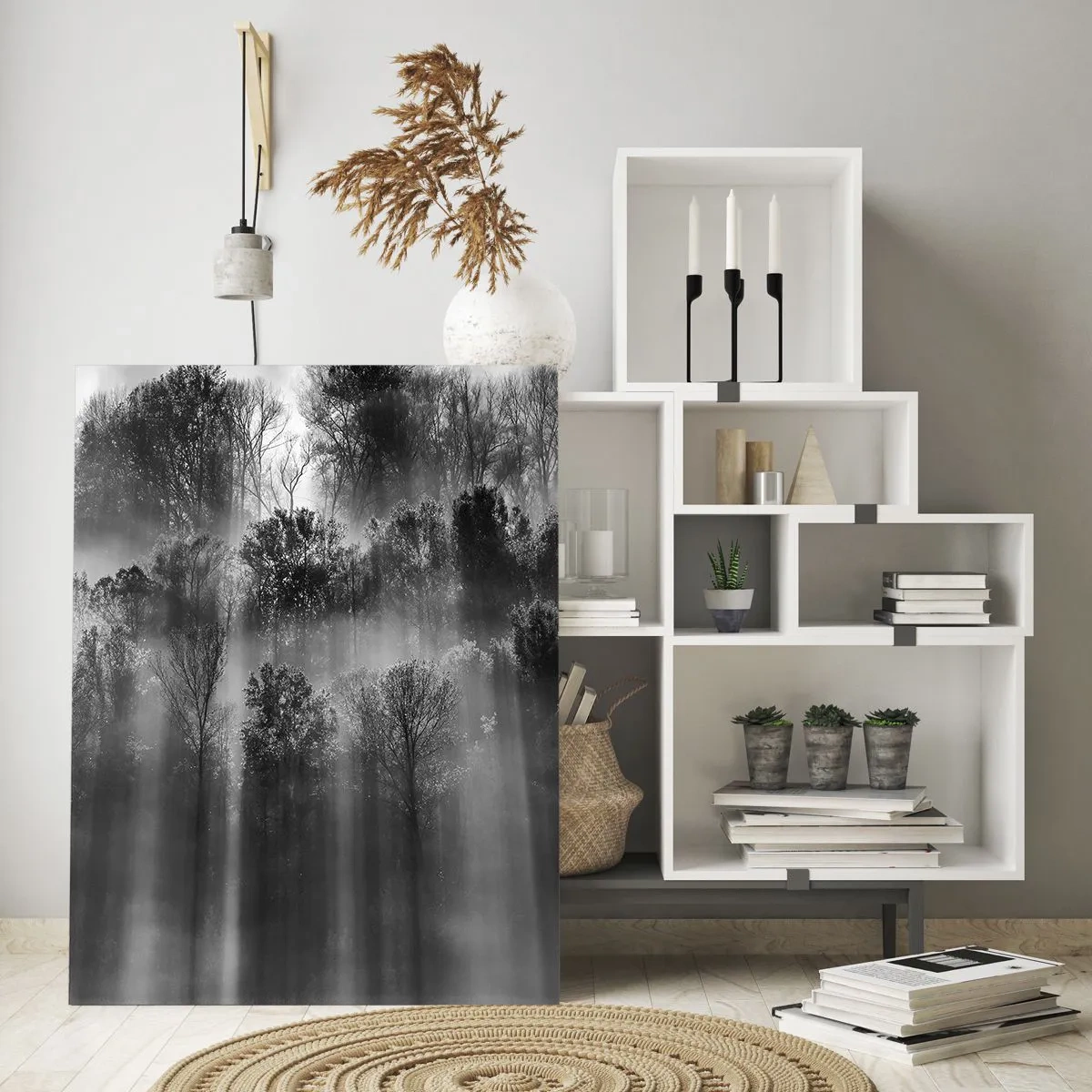 Cuadro sobre vidrio - Impresiones sobre Vidrio - Bosque blanco y negro a la luz de la mañana. - 80x120cm - En los flujos de luz - Decoración de pared moderna para salón y dormitorio ARTTOR