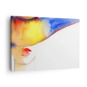 Cuadro sobre lienzo - Impresión de Imagen - Una pintura de acuarela minimalista del perfil de una mujer con un sombrero colorido. - 70x50cm - Retrato de una dama    - Decoración de pared moderna para salón y dormitorio ARTTOR