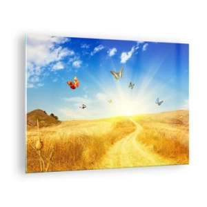 Cuadro sobre vidrio - Impresiones sobre Vidrio - Mariposas revoloteando sobre un camino de tierra al amanecer - 70x50cm - ¿Cómo no amar el verano? - Decoración de pared moderna para salón y dormitorio ARTTOR