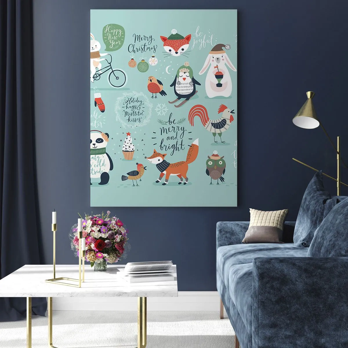 Cuadro sobre vidrio - Impresiones sobre Vidrio - Ilustración navideña de animales en un ambiente invernal. - 80x120cm - ¡Que siempre sea Navidad! - Decoración de pared moderna para salón y dormitorio ARTTOR