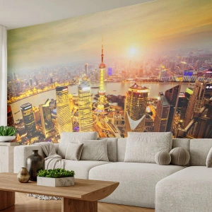 Fotomural Premium Sand - Panorama de una ciudad moderna al atardecer - 100x70cm - Sueño asiático - Decoración de pared moderna para salón y dormitorio ARTTOR