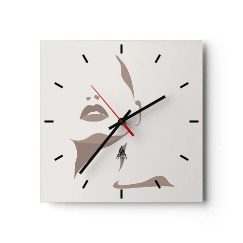 Reloj de pared - Reloj de vidrio - Contorno minimalista del rostro de una mujer en delicados tonos beige. - 30x30cm - Creación a partir de la luz y la sombra - Decoración de pared moderna para salón y dormitorio ARTTOR