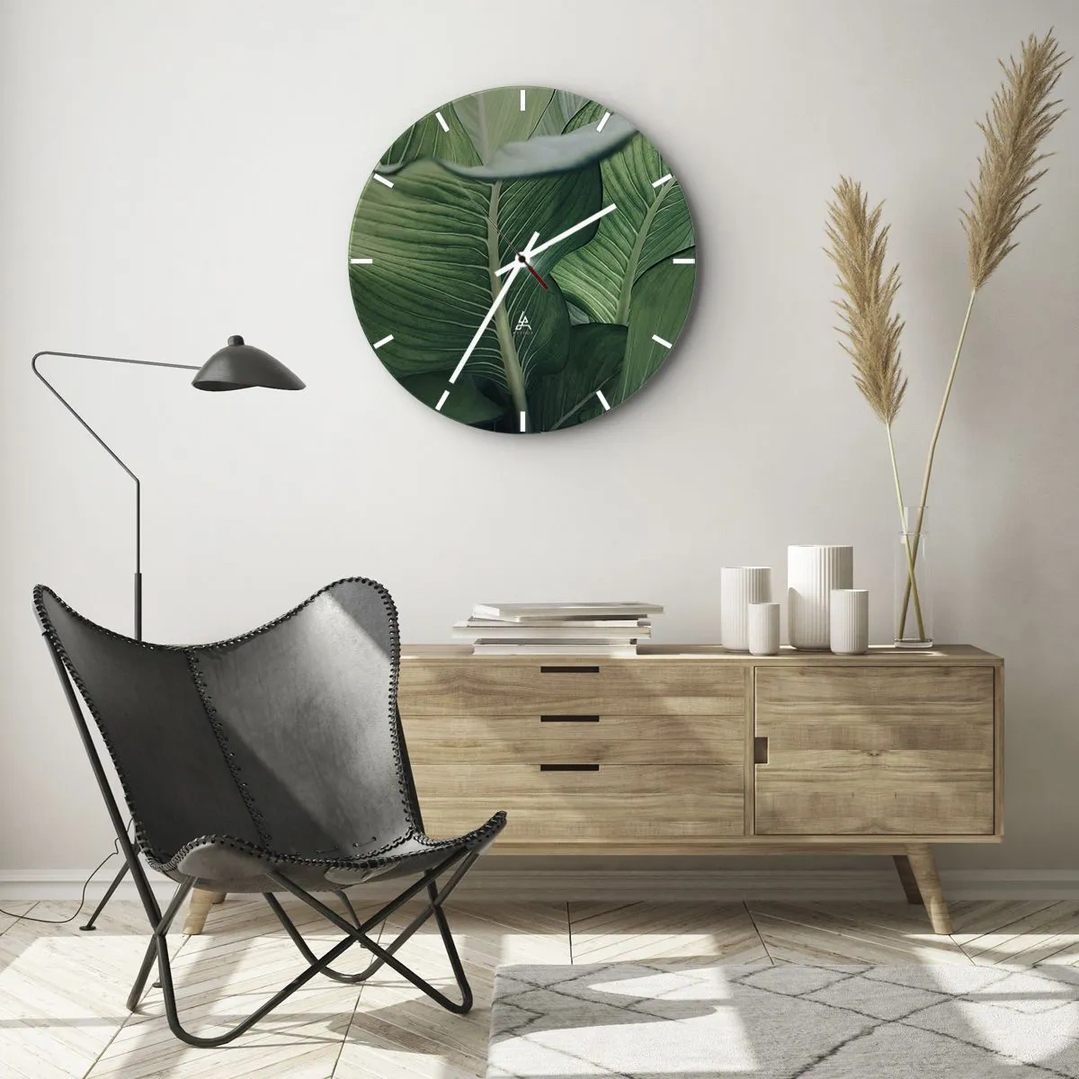 Reloj de pared - Reloj de vidrio - Primer plano de hojas tropicales de un verde intenso - 30x30cm - Vida intensamente verde - Decoración de pared moderna para salón, cocina y dormitorio ARTTOR