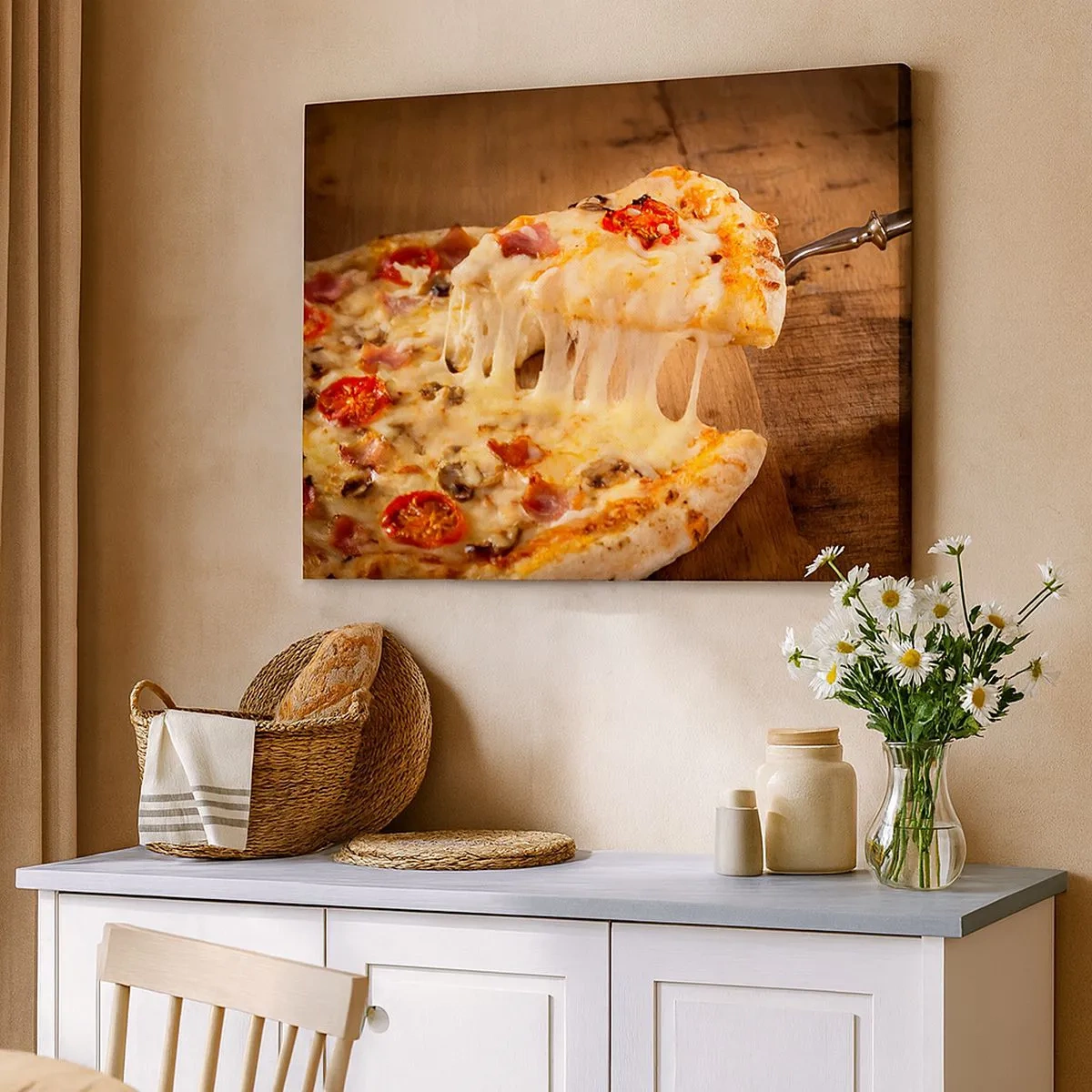 Cuadro sobre lienzo - Impresión de Imagen - Pizza con queso fibroso - 70x50cm - Una obra maestra del arte italiano - Decoración de pared moderna para salón y dormitorio ARTTOR