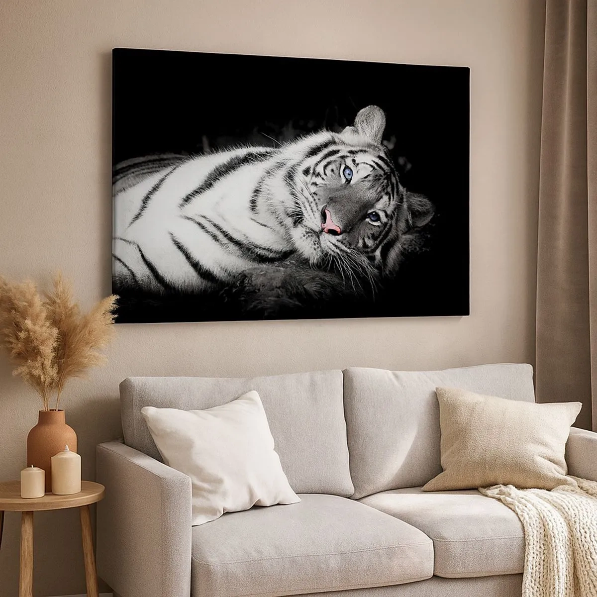 Cuadro sobre lienzo - Impresión de Imagen - Un tigre blanco representado artísticamente sobre un fondo negro. - 70x50cm - Salvaje y tranquilo - Decoración de pared moderna para salón y dormitorio ARTTOR