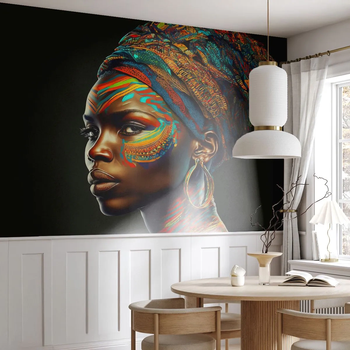 Fotomural Premium Canvas - Retrato de una mujer con un patrón colorido y un turbante. - 100x70cm - Reina africana - Decoración de pared moderna para salón y dormitorio ARTTOR