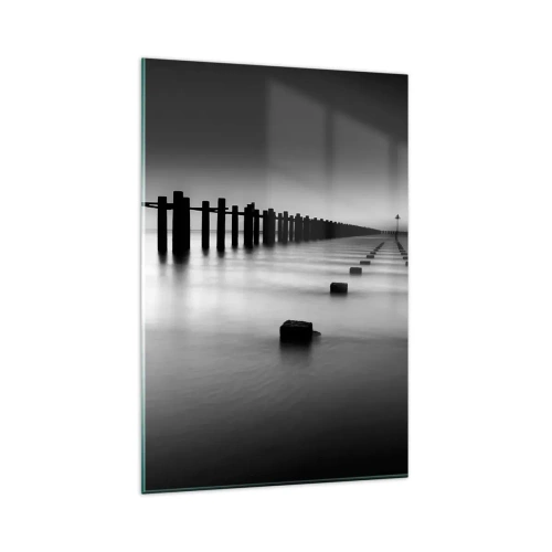 Cuadro sobre vidrio - Impresiones sobre Vidrio - Postes de madera y bloques de hormigón sumergidos en agua en tonos blanco y negro - 80x120cm - Valles grises en la niebla - Decoración de pared moderna para salón y dormitorio ARTTOR