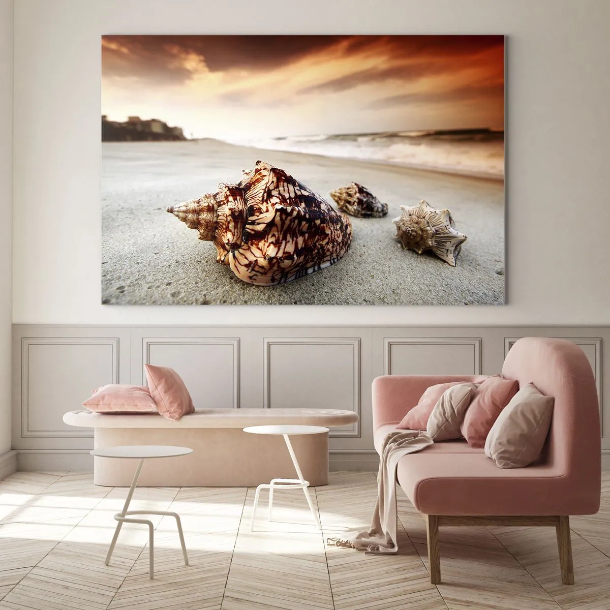 Cuadro sobre vidrio - Impresiones sobre Vidrio - Conchas en la playa al atardecer - 120x80cm - Los exiliados de las olas - Decoración de pared moderna para salón y dormitorio ARTTOR