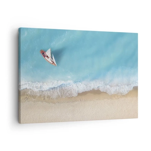 Cuadro sobre lienzo - Impresión de Imagen - Una vista de pájaro de un barco en la playa. - 70x50cm - Frontera celeste y dorada - Decoración de pared moderna para salón y dormitorio ARTTOR