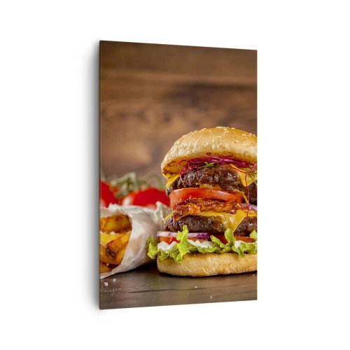 Cuadro sobre lienzo - Impresión de Imagen - Apetitosa hamburguesa con extras - 80x120cm - Fruta prohibida - Decoración de pared moderna para salón y dormitorio ARTTOR