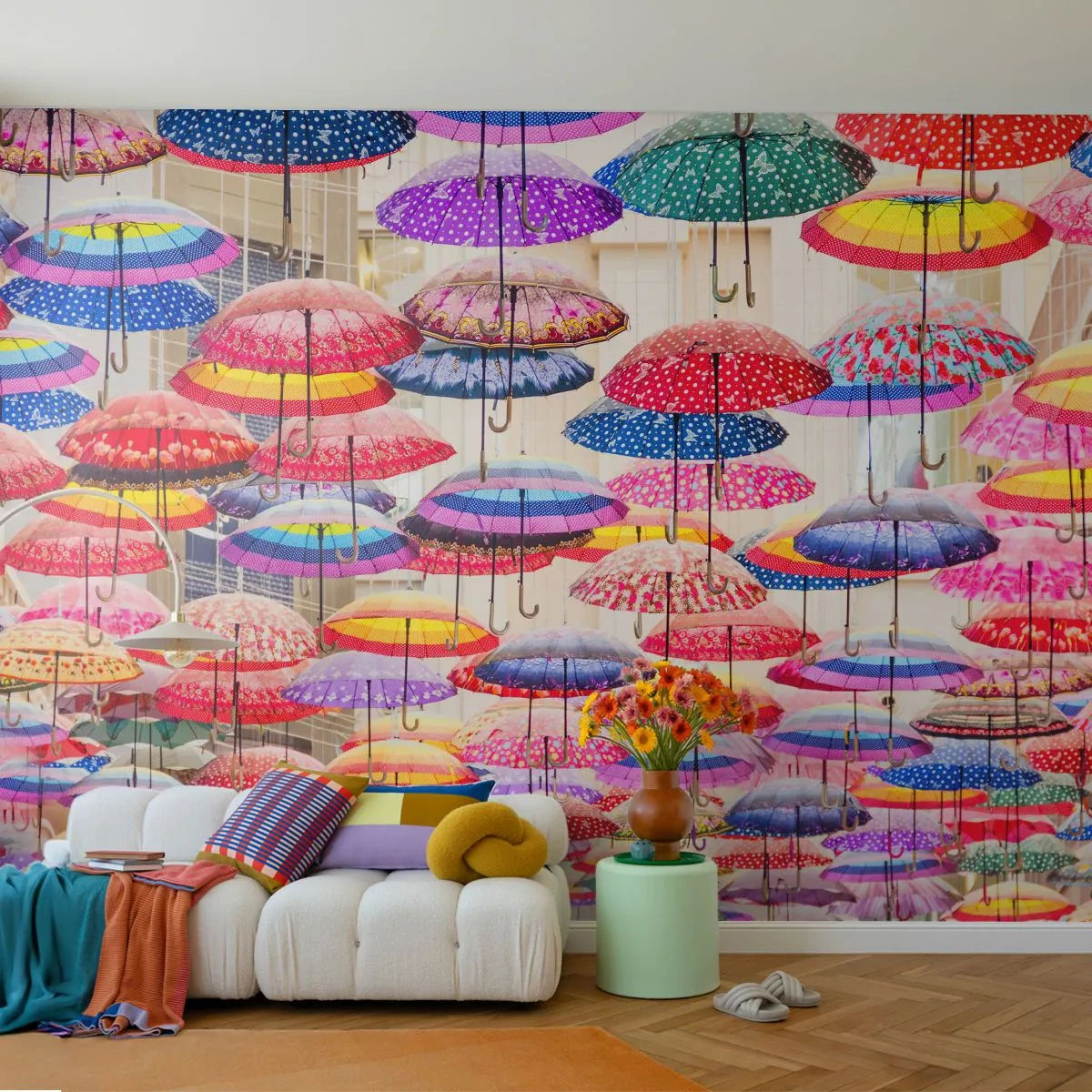 Fotomural Premium Sand - Pradera urbana - Ciudad, Paraguas coloridos, Pedazo - 350x256 cm