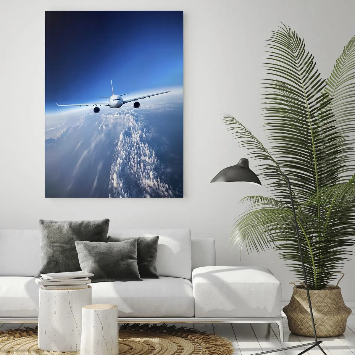 Cuadro sobre vidrio - Impresiones sobre Vidrio - Un avión de pasajeros contra un cielo azul y nubes. - 50x70cm - Vuelo porque quiero - Decoración de pared moderna para salón y dormitorio ARTTOR