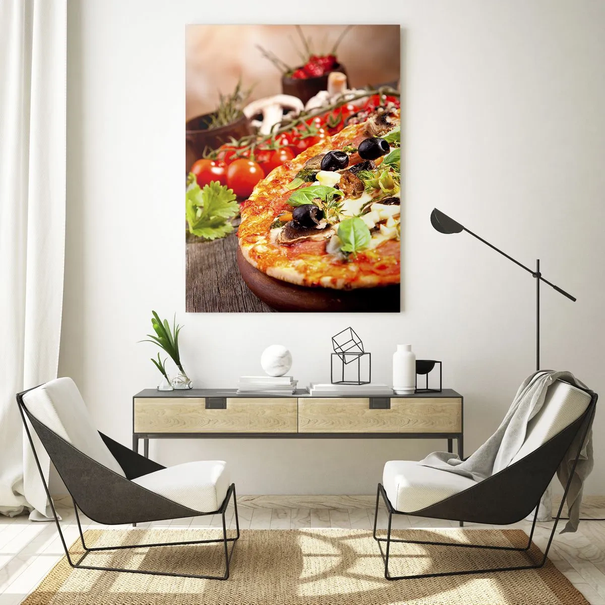 Cuadro sobre vidrio - Impresiones sobre Vidrio - Pizza con aceitunas, albahaca e ingredientes frescos sobre un fondo de madera. - 70x100cm - De ingredientes puros - Decoración de pared moderna para salón y dormitorio ARTTOR