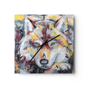 Reloj de pared - Reloj de vidrio - Retrato artístico de un lobo en colores intensos. - 30x30cm - Pinceladas de lobo - Decoración de pared moderna para salón y dormitorio ARTTOR