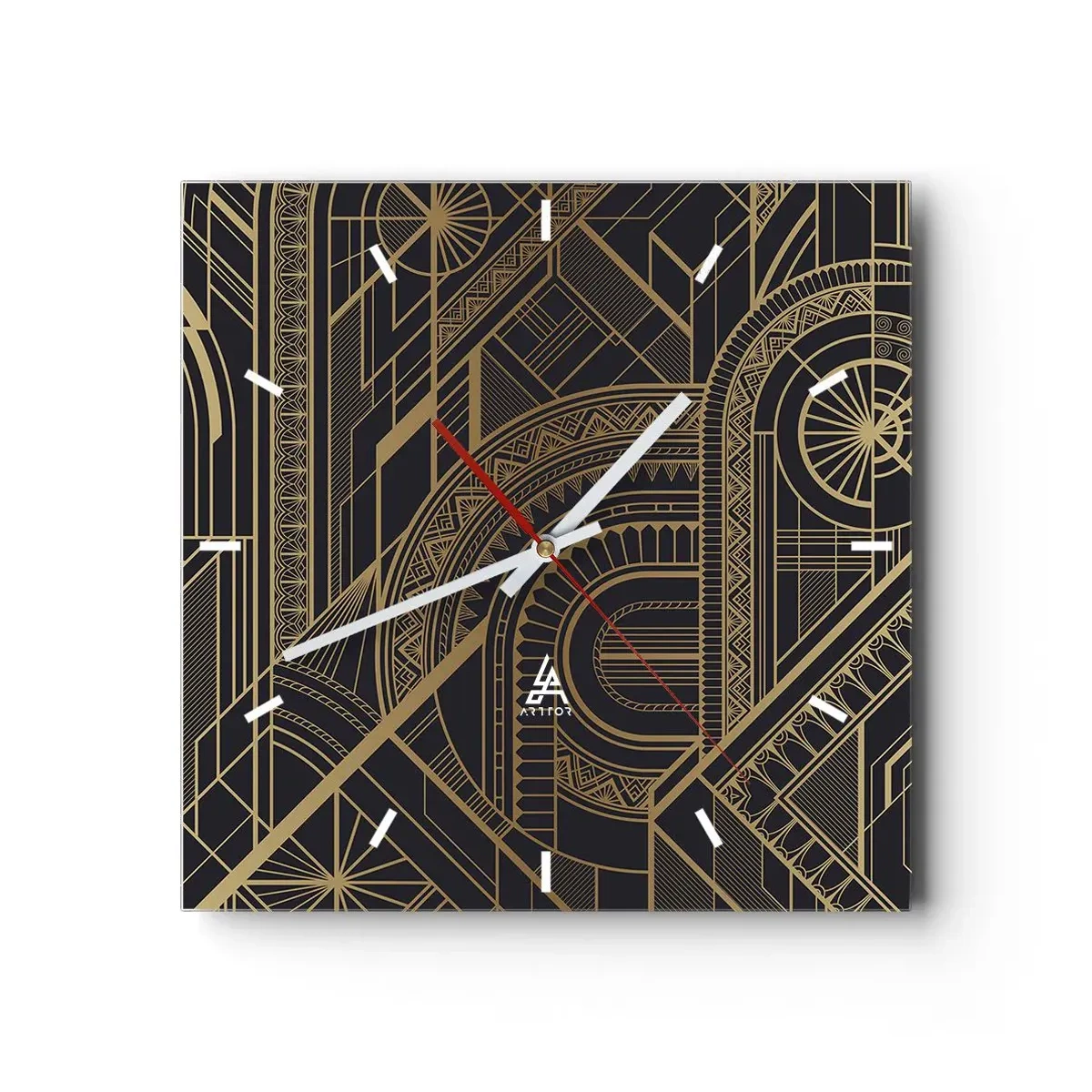 Reloj de pared - Reloj de vidrio - Patrones geométricos dorados sobre fondo negro en estilo Art Déco - 30x30cm - Conceptos, ideas, planes - Decoración de pared moderna para salón y dormitorio ARTTOR