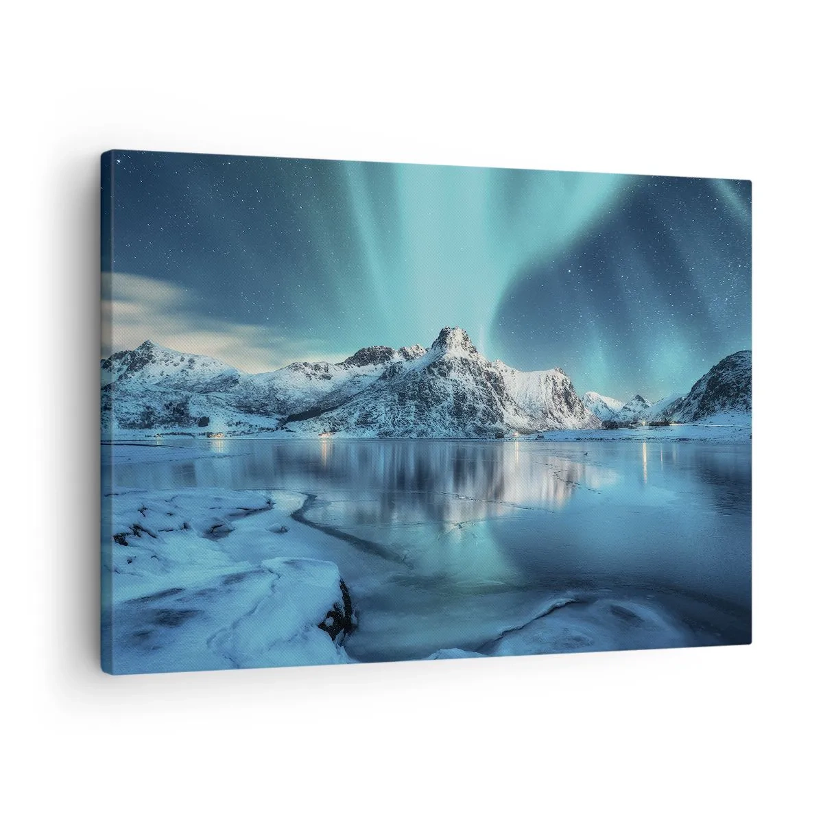 Cuadro sobre lienzo - Impresión de Imagen - Aurora boreal sobre montañas nevadas y un lago - 70x50cm - Una noche de luz - Decoración de pared moderna para salón y dormitorio ARTTOR
