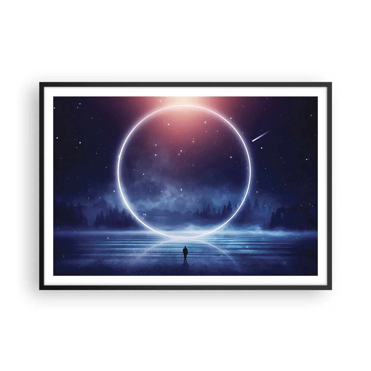 Póster en marco negro - Un paisaje mágico con una figura y un círculo de luz por la noche. - 100x70cm - Ya están aquí... - Decoración de pared moderna para salón y dormitorio ARTTOR