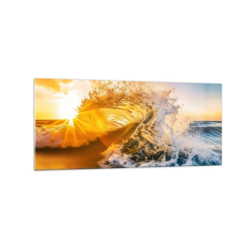 Cuadro sobre vidrio - Impresiones sobre Vidrio - Una ola dorada con el sol poniente como telón de fondo. - 120x50cm - Jugando en la arena - Decoración de pared moderna para salón y dormitorio ARTTOR